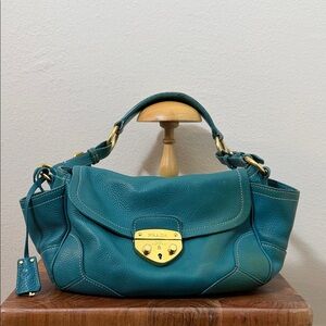Authentic Prada Vitello Daino Turquoise Pushlock Shoulder Bag